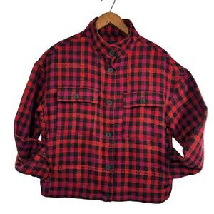 Sanctuary The Shacket Cropped Red Black Buffalo Plaid Jacket Oversized Small